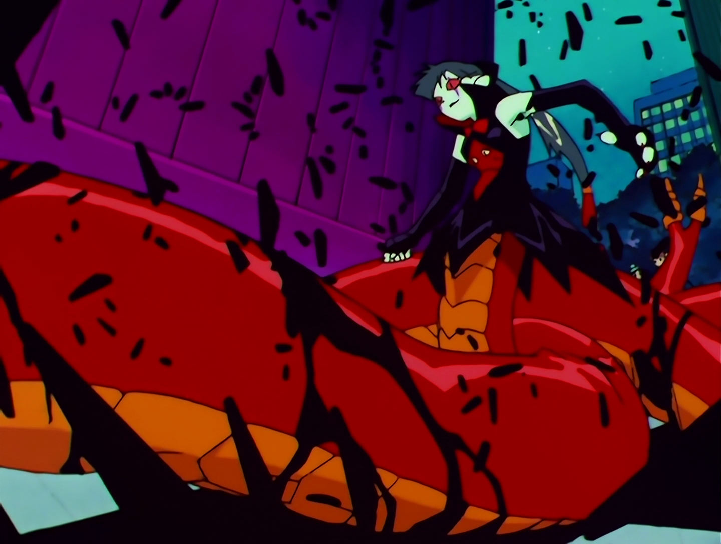 GaraGara Musume, a Lemures from Sailor Moon episode 150. She has light green skin, long dark gray hair, and red snake-like eyes. Her outfit is black and red. Also the lower half of her body is an enormous red snake, probably should have led with that in retrospect.